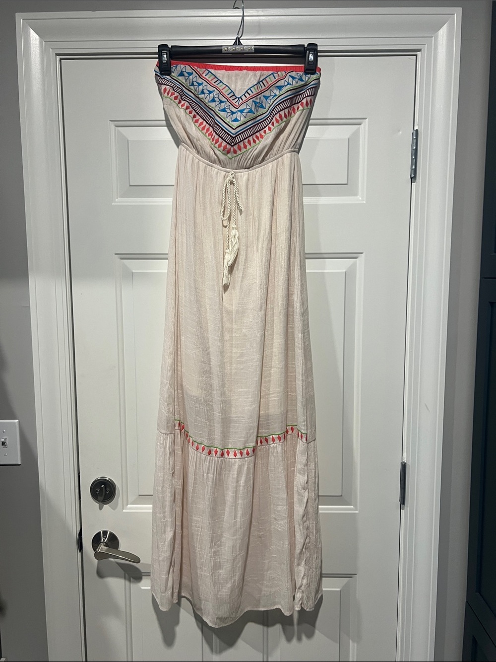 Flying Tomato Boho Sz S Strapless Cream Maxi Dress with Embroidered Yoke